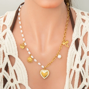 Vintage Herz Medaillon Halskette Ohrringe Damen Edelstahl 18K Vergoldet Künstliche Perle Multi Anhänger Modeschmuck