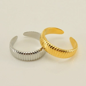 Minimalist adjustable stainless steel rings with vertical texture in gold and silver