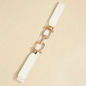 Detail of white elastic waist belt with gold horsebit buckle and faux leather stitching