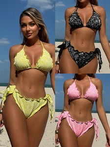 Women Sexy Floral Embroidery Halter Bikini Top And Side Tie Bottoms Padded Ruffle Trim Beachwear Swimsuit