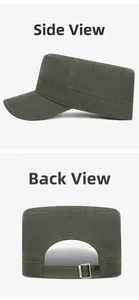 Detail of green army cadet hat showing the adjustable metal buckle and side stitching