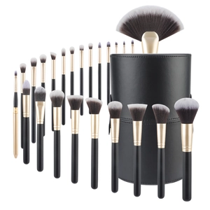 Professional Makeup Brushes Synthetic Fiber Wood Handle Aluminum Ferrule PU Leather Storage Case Black Gold Matte Finish