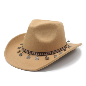 Camel felt western cowboy hat with ethnic patterned band and metallic coin pendants