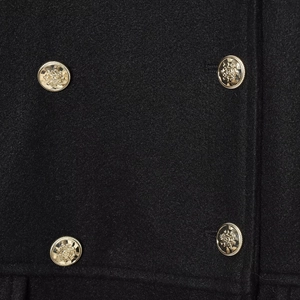 Short wool blend coat with double-breasted gold crest buttons in elegant black