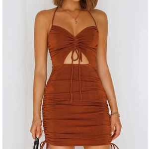 Women Sexy Halter Mini Dress Polyester Ruched Side Drawstring Hollow Out Backless Bodycon Party Clubwear Summer