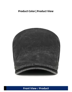 Front view of vintage washed denim flat cap in distressed dark grey with fabric texture