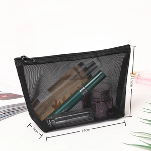 Mesh makeup bag details showing size dimensions 14x7x12.5cm with internal cosmetics