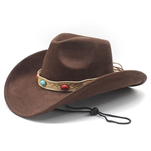 Brown faux suede western cowboy hat featuring braided band with turquoise and red stones