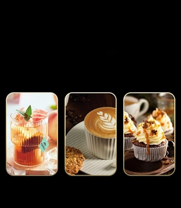 Vertical striped glass cup set shown with fruit tea, latte art, and cupcake display