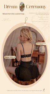 Detailed back view of a sexy black lace lingerie dress with sheer mesh and elegant backless design
