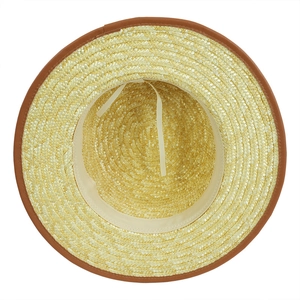 Inside view of khaki straw hat with leather trim and adjustable inner band