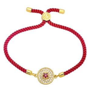 Adjustable red woven rope bracelet with gold star charm and zircon pavé for couples