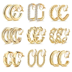 Chunky Clip On Hoop Earrings Alloy Rhinestone C Shaped Non Pierced Painless Geometric Minimalist Jewelry For Women