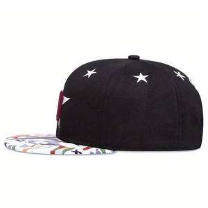 Flat brim hip-hop cap in black with colorful geometric visor and star embroidery