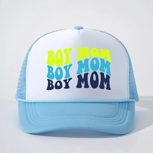 Detailed front view of BOY MOM printed logo on blue and white mesh trucker cap