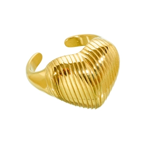 Polished golden heart-shaped ring with textured vertical stripes and open design