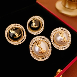 Round Letter Earrings With Faux Artificial Pearl Rhinestone And 925 Sterling Silver Earring Post Elegant Retro Style For Women