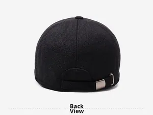 Rear view of black thermal baseball cap with textured wool blend and adjustable metal buckle