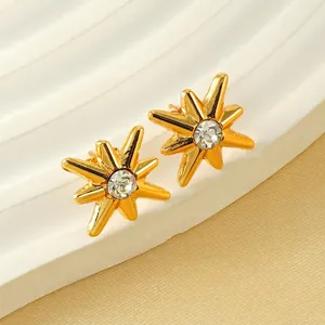 North Star Stud Earrings 18K Gold Plated Stainless Steel Zircon Octagram Elegant Jewelry For Women