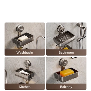 Wall-mounted suction soap dish with drain tray and hook for bathroom, kitchen, or balcony