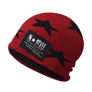 Fleece-lined knit beanie with star embroidery and warm ear protection in red and black