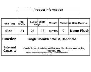 Detailed size chart showing dimensions and specifications for the plush heart handbag