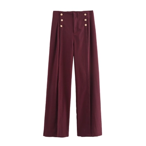 Women High Waist Straight Leg Pants Burgundy Gold Button Decor Pleated Elegant Commute Office Woven Long Trousers