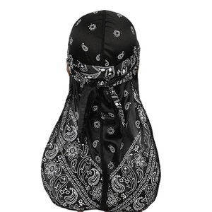 Black paisley satin durag cap with long tail and white pattern for hair protection