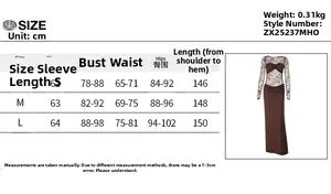 Tableau des tailles détaillé pour robe à manches longues en dentelle avec mensurations