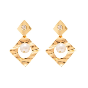 Golden geometric earrings with white pearls and sparkling rhinestones on a white background