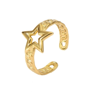 Detail of 18k gold plated star ring with hollow woven band and adjustable opening