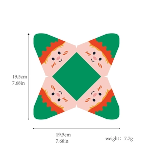Flat lay of a triangular Christmas Elf gift box with size and weight dimensions