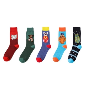 Five pairs of cartoon animal print crew socks in assorted vibrant knit cotton colors