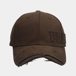Deep brown distressed baseball cap with PEAC letter embroidery and vintage worn edges