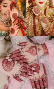 Close-up of bridal jewelry and brown henna lace flower tattoos on hands and neck