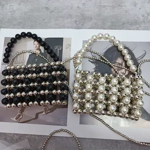 Elegant beaded mini handbag with metallic pearls and long chain strap for women