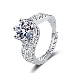 Silver moissanite ring with twisted pave band and six-prong round cut center stone