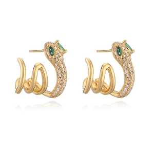 Luxury 18K gold plated snake stud earrings with green gemstones and white zircons