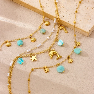 Stainless Steel Layered Anklet With Shell Dolphin Starfish Charms Ocean Beach Summer Jewelry For Women