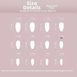 Size chart showing width and length for 24pcs silver star rhinestone almond press-on nails