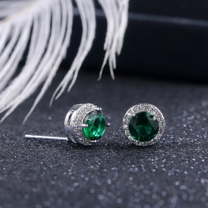 Elegant round green emerald stud earrings with sparkling white cubic zirconia halo