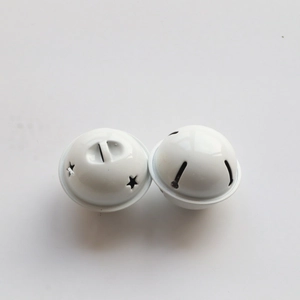 Detail of 4cm white metal bells with star and stripe cutouts for DIY Christmas decoration