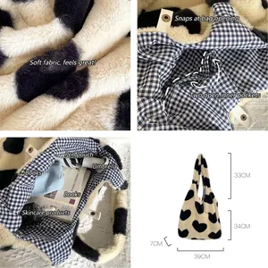 Winter heart pattern plush tote bag featuring large capacity and soft faux fur material