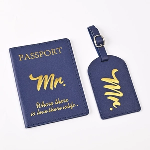Detailed view of blue PU leather passport holder and luggage tag set with gold foil text