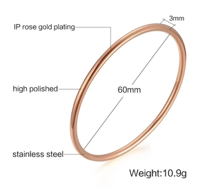 Detailed dimension guide for 3mm rose gold stainless steel bangle with size annotations
