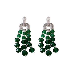 Vintage green crystal tassel earrings with silver base and rhinestone details