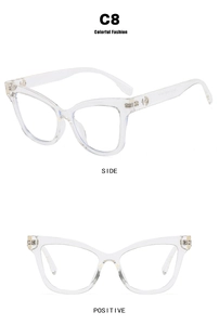 Close-up detail of transparent cat-eye TR90 frames with metallic logo on the temple