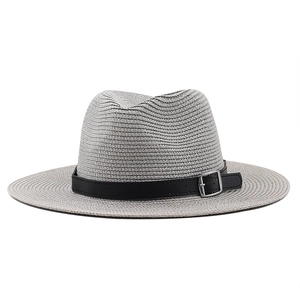 Classic grey straw panama hat with black leather band and silver buckle for beach sun protection