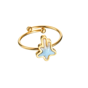 Minimalist 18k gold butterfly ring with blue-white gradient inlay in an open band design