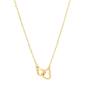 Gold titanium steel interlocking double heart necklace with a polished cable chain for women